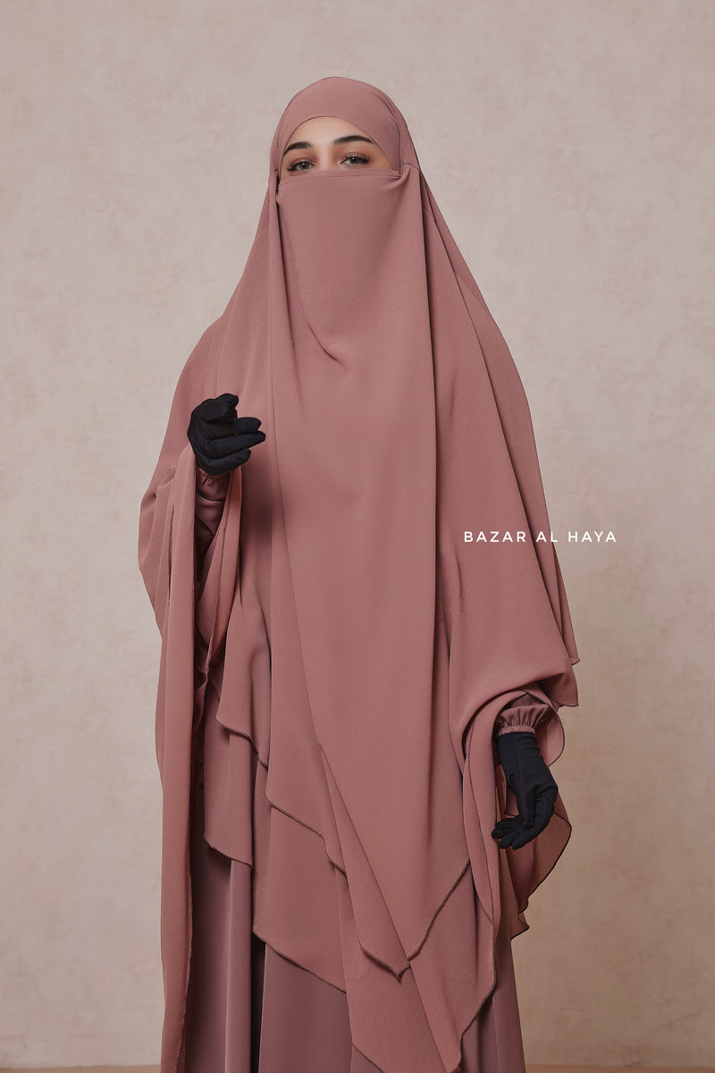 Taupe Rose Pari Layered Khimar & Salam 2 Abaya Set