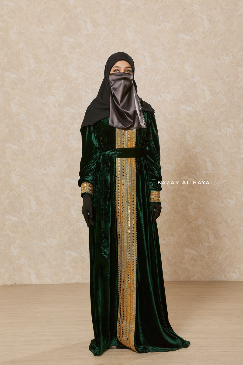 Emerald Green Irfah Luxurious Plush Pombarch Kaftan - Abaya Dress With Belt