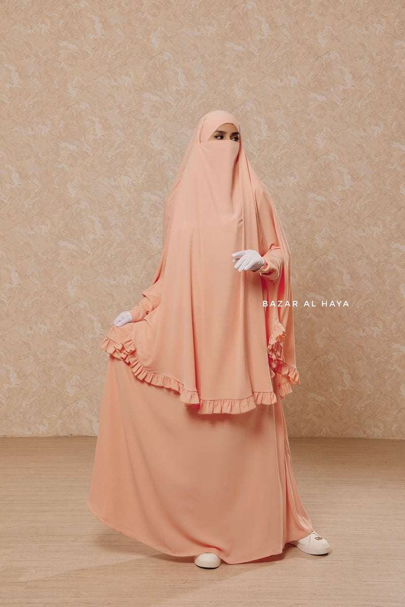 Peach Ibadah Two-piece Jilbab with Skirt, Haj, Umrah Garment & Prayer Set