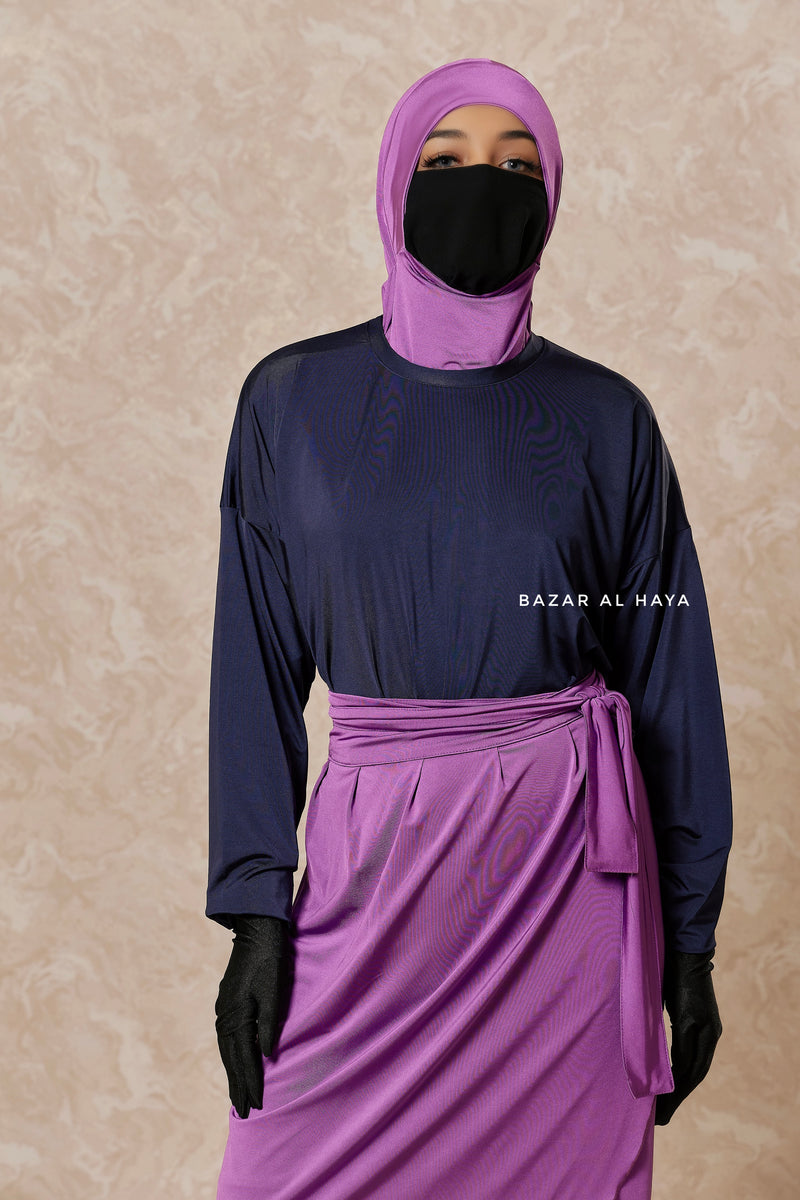 Purple Navy Modest Swimwear 4 Piece Swimdress, Khimar, Apron & Pants - Comfort Swimsuit