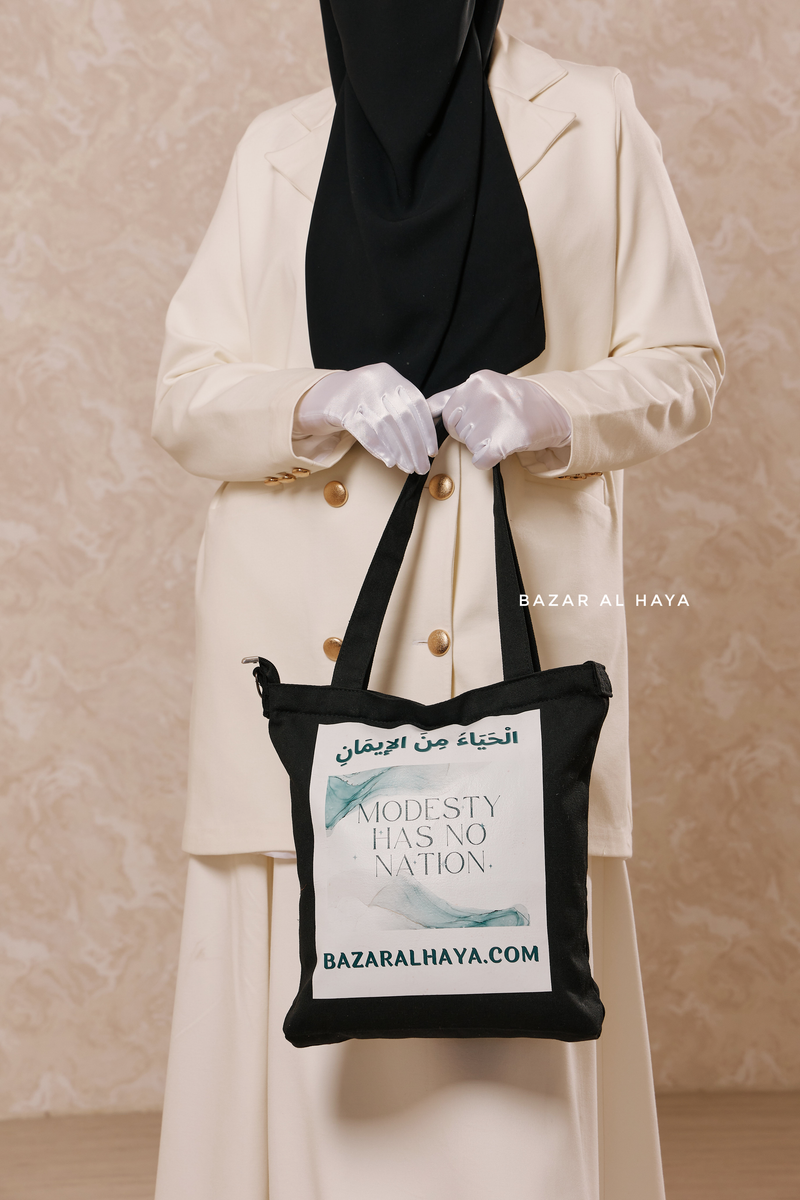 “Modesty Has No Nation” Black Cotton Tote Bag