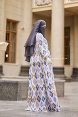 Sadia White/Yellow Print Dress - 100% Cotton Summer Tiered Abaya - Front Zipper