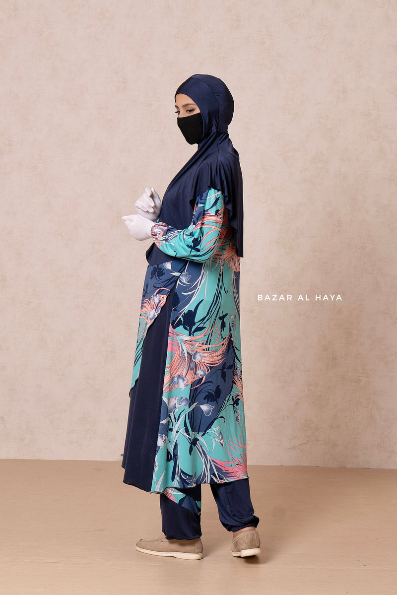 Floral Print Modest Swimwear Three Piece Set - Swimdress, Khimar, & Pants - The Comfort