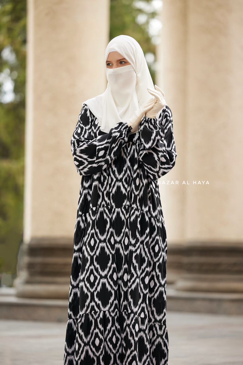 Sadia White/Black Print Dress - 100% Cotton Summer Tiered Abaya - Front Zipper