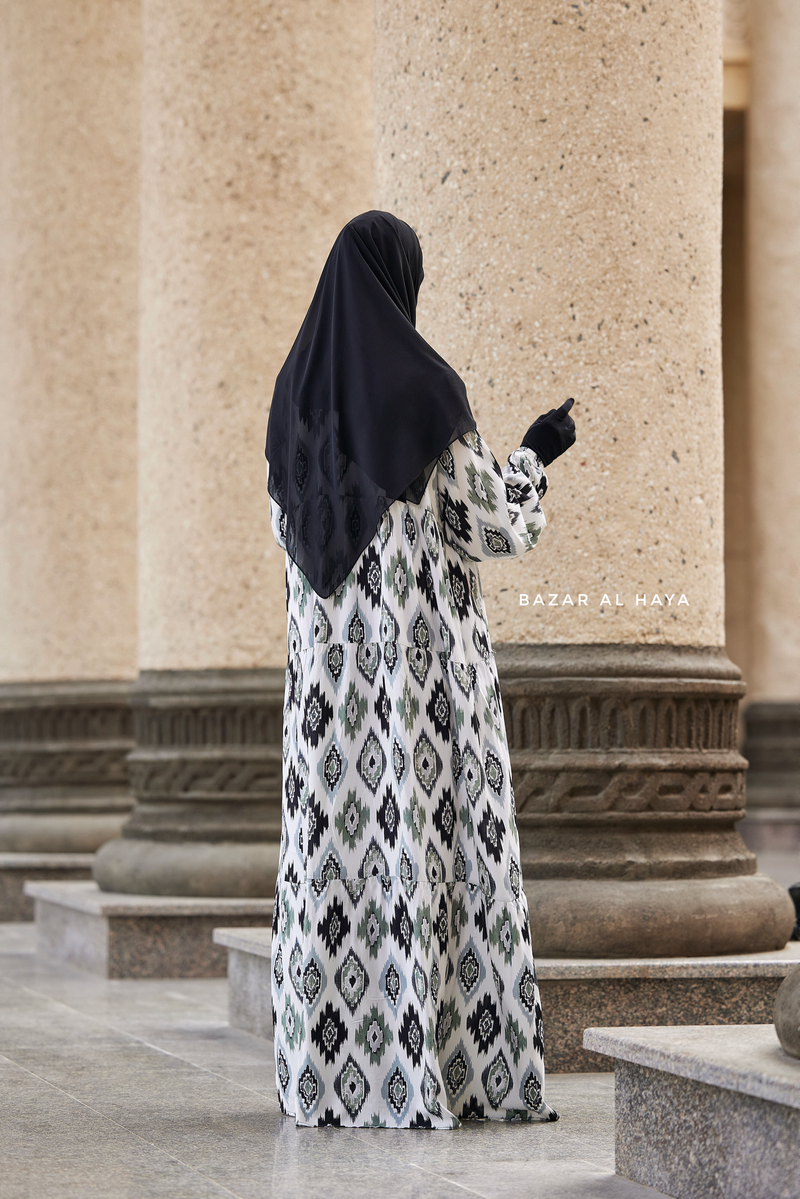 Sadia White/Green Print Dress - 100% Cotton Summer Tiered Abaya, Front Zipper