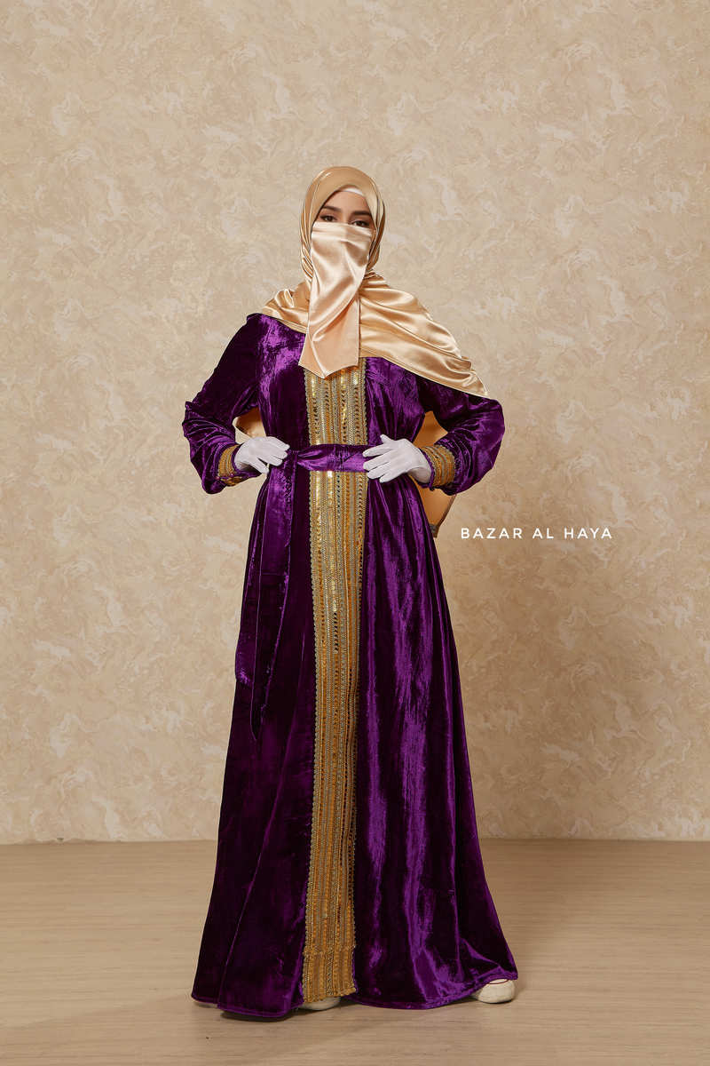 Purple Irfah Luxurious Plush Pombarch Kaftan - Abaya Dress With Belt