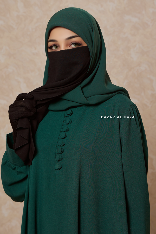 Rania Emerald Green Abaya Dress Half-Placket Button Front & Sleeve - Mediumweight Soft Crepe Cotton