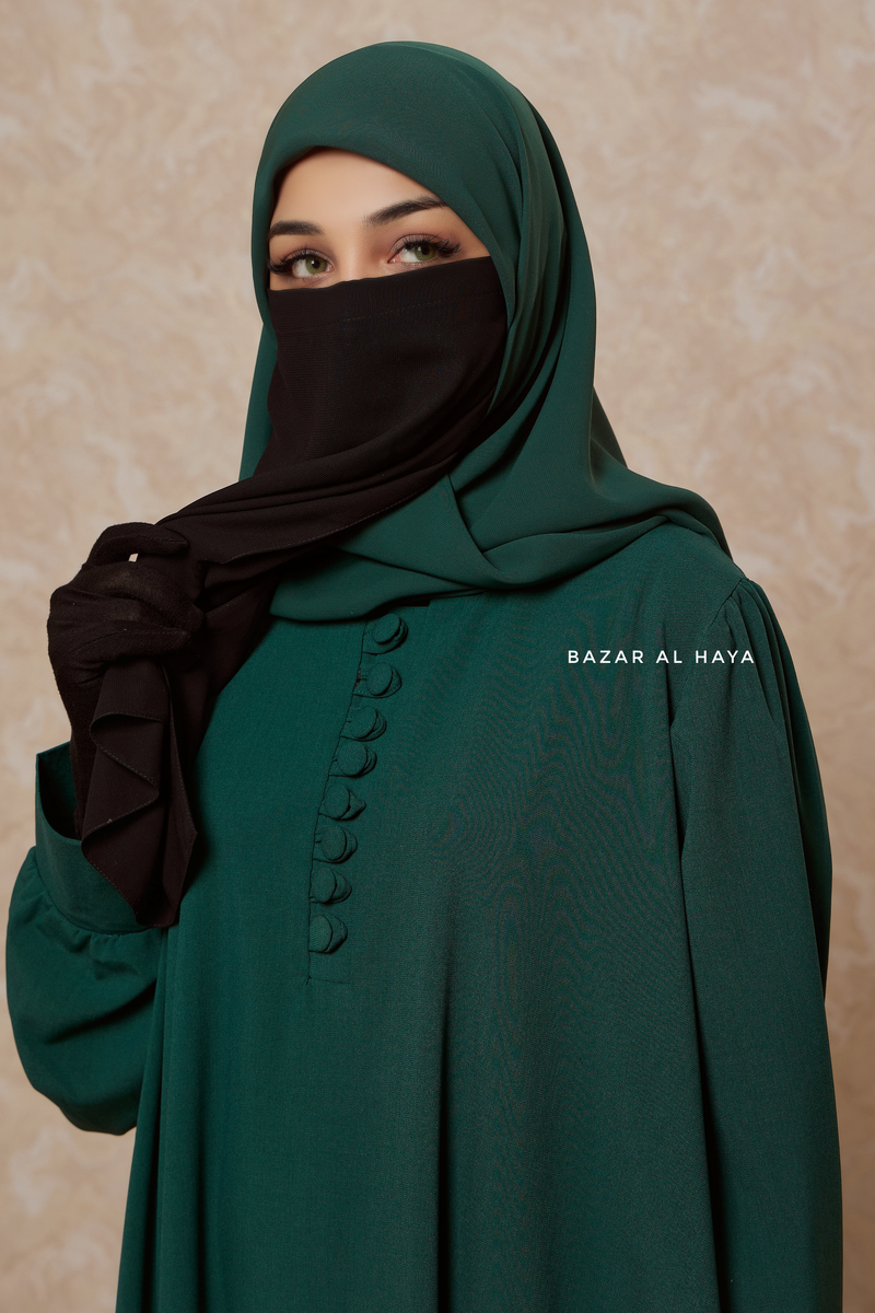 Rania Emerald Green Abaya Dress Half-Placket Button Front & Sleeve - Mediumweight Soft Crepe Cotton