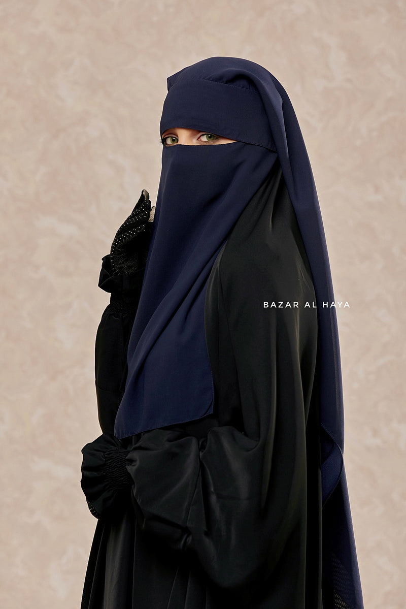 Dark Blue Flap Two Layer Niqab - Long & Wide - Super Breathable Veil - Large