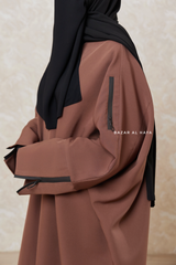 Brown Falak Classic Loose Fit Abaya Coat With Scarf - Pockets & Zippers