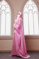 Humaira 3 Piece Abaya Set In Pink Organza Luxurious Kaftan With Inner Dress Scarf