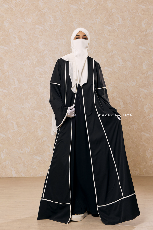 Black Fazeela Open Front Abaya In Classic Design - Premium Silk Crepe