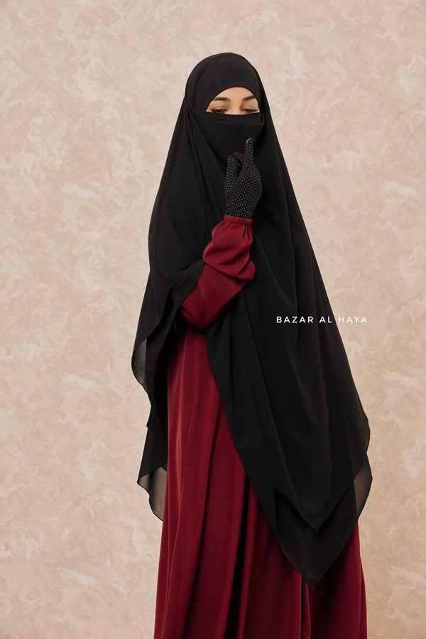 Black Pari Two Layered Maxi Diamond Khimar - Crepe Chiffon