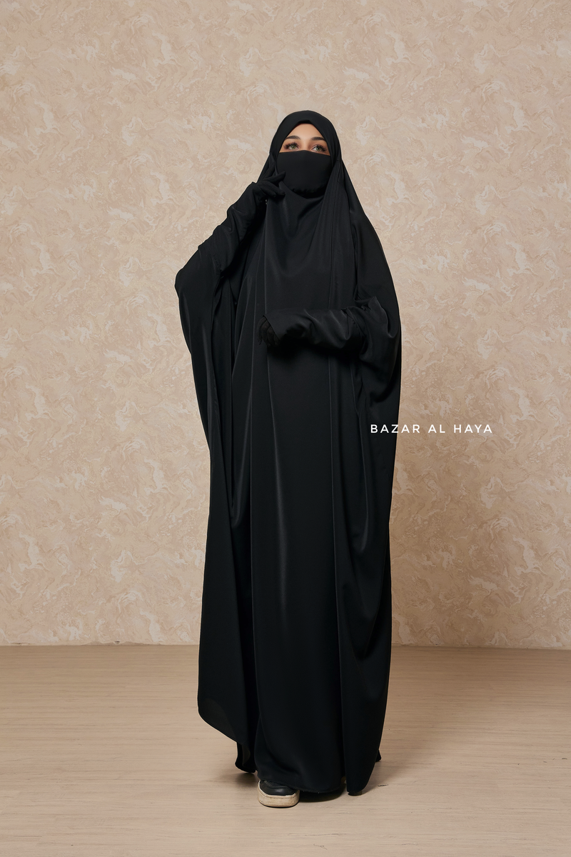 Sarah One Piece Black Jilbab - Zipper Sleeves - Silk Crepe