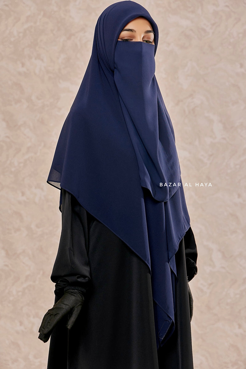 Square Scarf With Half Niqab Set In Dark Blue - Super Breathable - Quality