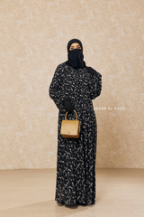 Black Amira Chiffon With Tie Neck Strings Abaya Dress - Puff Sleeves