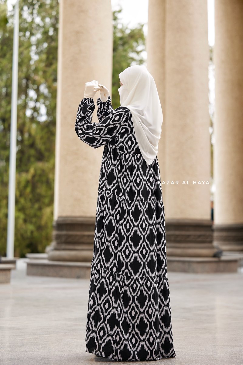 Sadia White/Black Print Dress - 100% Cotton Summer Tiered Abaya - Front Zipper