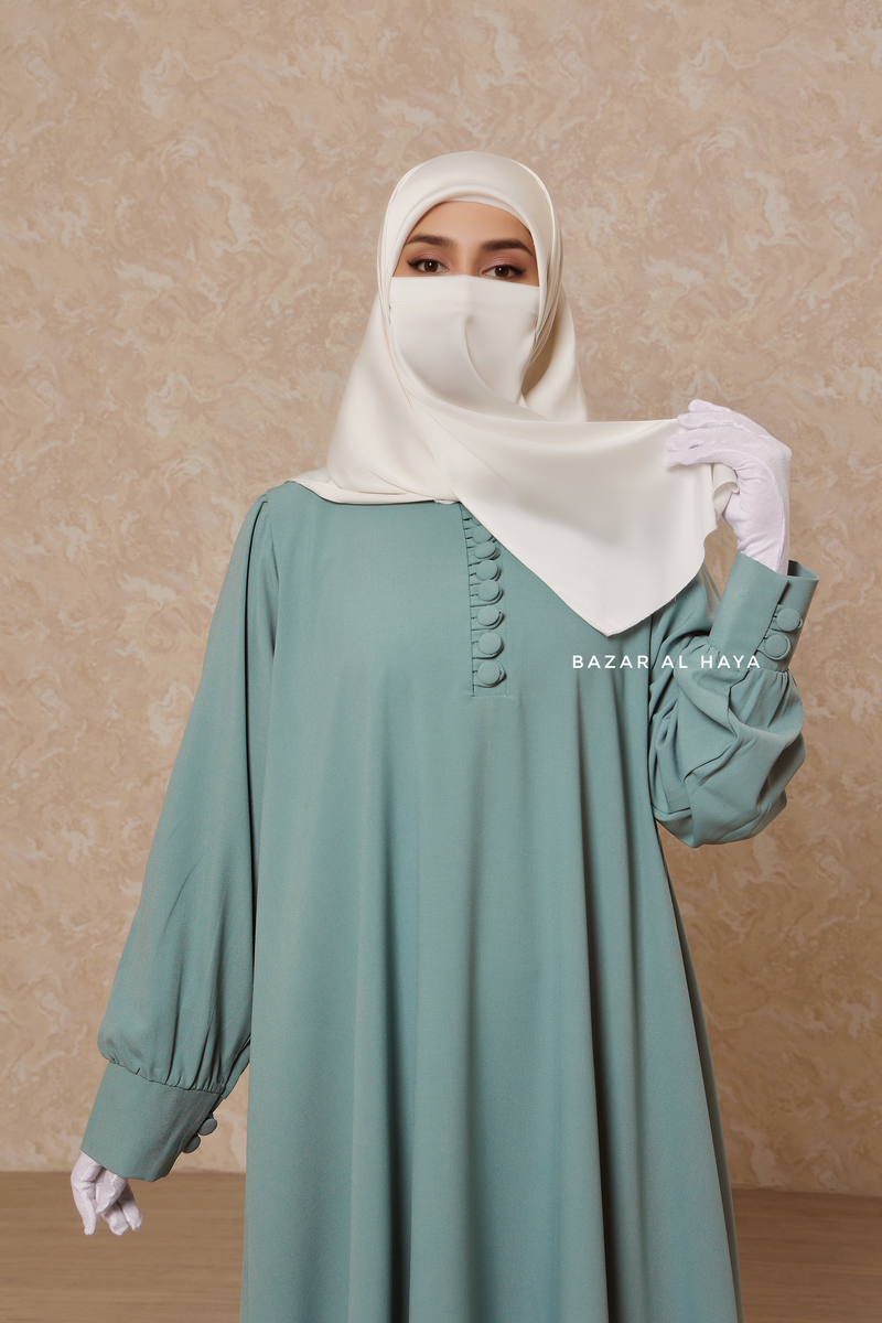 Rania Mint Abaya Dress Half-Placket Button Front & Sleeve - Mediumweight Soft Crepe Cotton