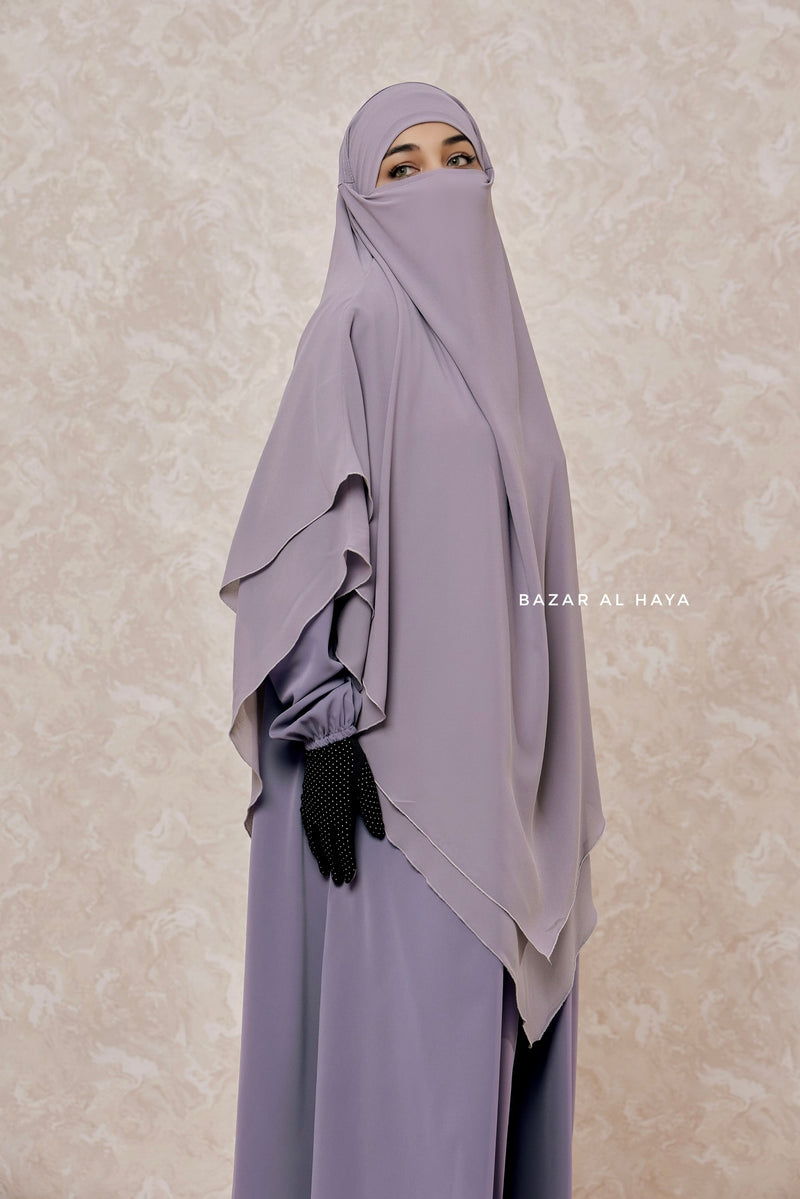 Grey Pari Two Layered Maxi Diamond Khimar - Crepe Chiffon