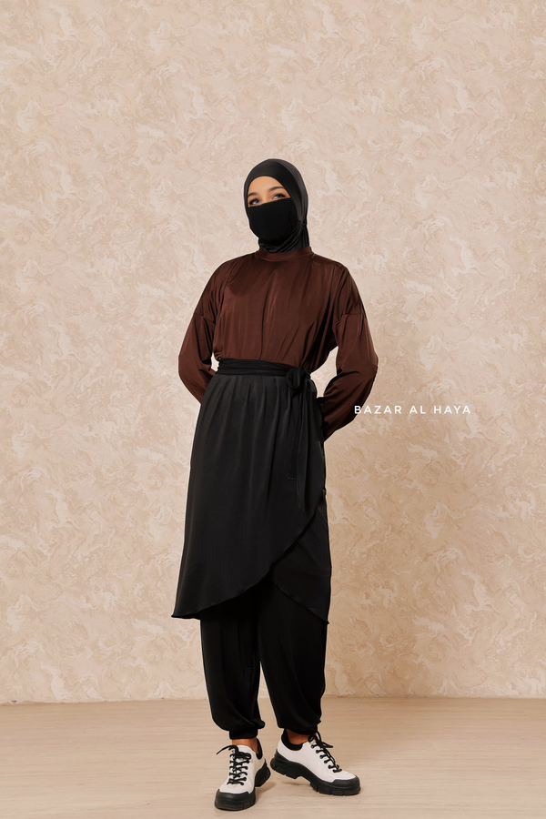 Black Brown Modest Swimwear 4 Piece Swimdress, Khimar, Apron & Pants - Comfort Swimsuit