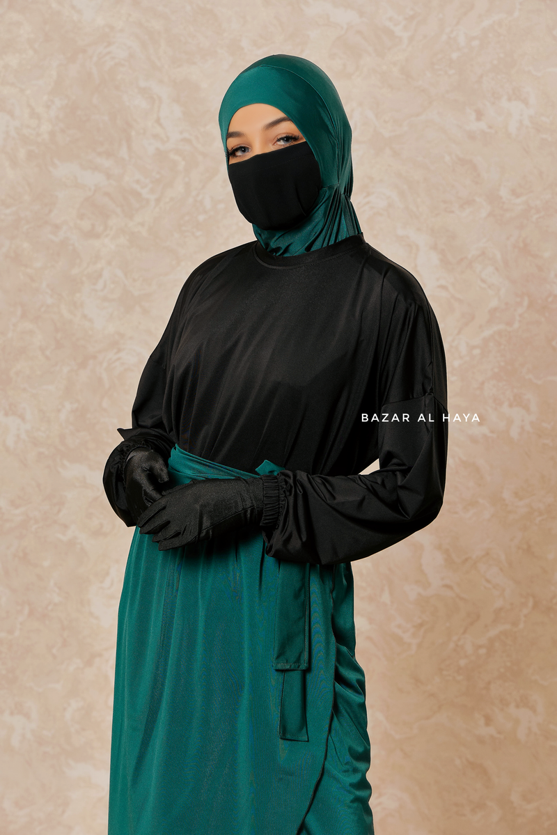 Emerald Black Modest Swimwear 4 Piece Set With Swimdress, Khimar, & Pants - Comfort Swimsuit