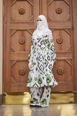 Inaya Green & White Print Three Piece Top Dress & Wide Pants Set With Belt