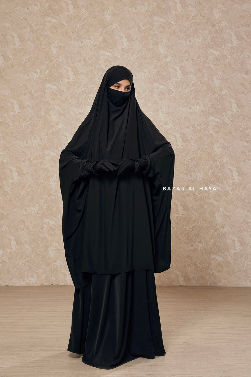 Black  Hoor - Two Piece Jilbab With Skirt Set- Nida