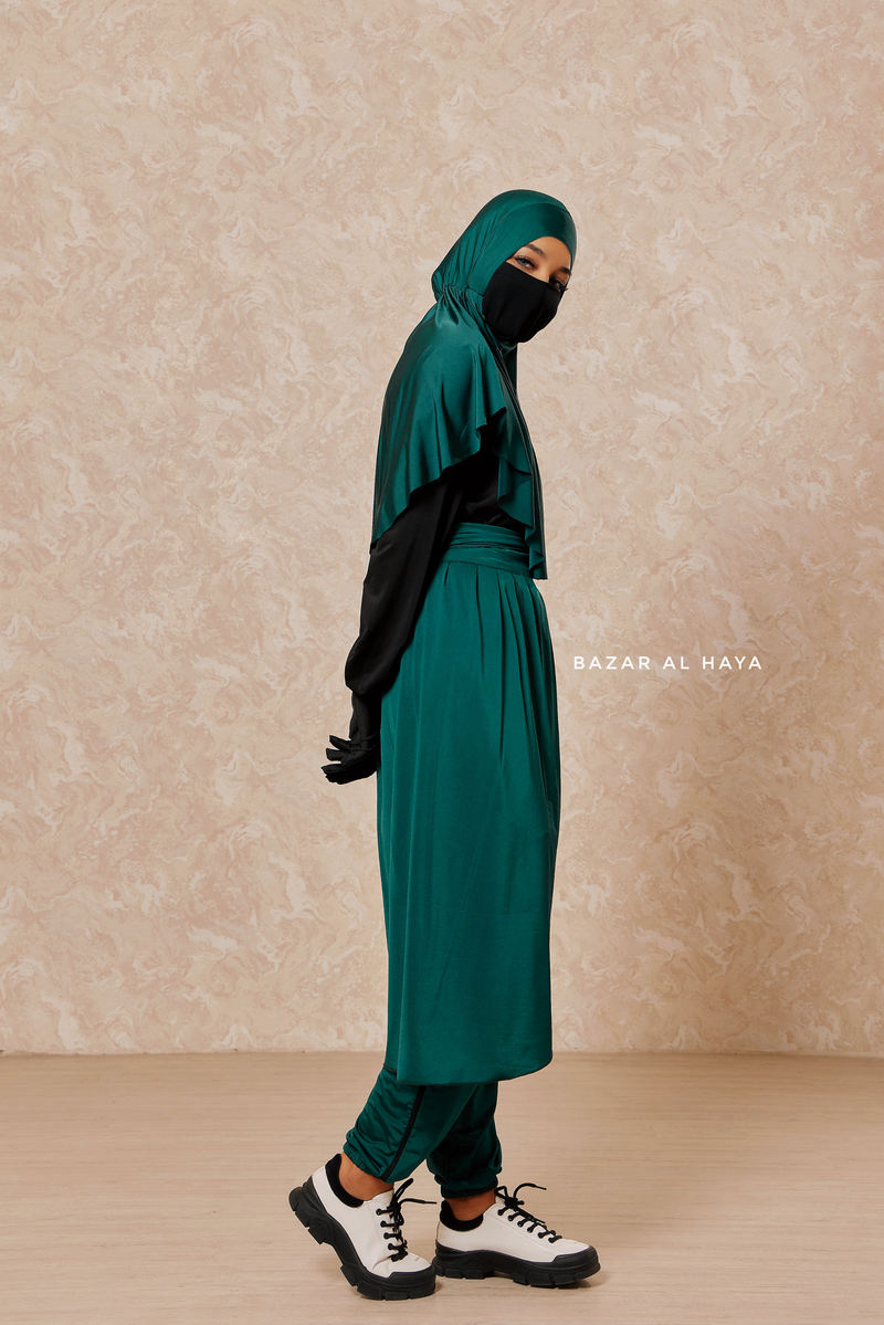 Emerald Black Modest Swimwear 4 Piece Set With Swimdress, Khimar, & Pants - Comfort Swimsuit