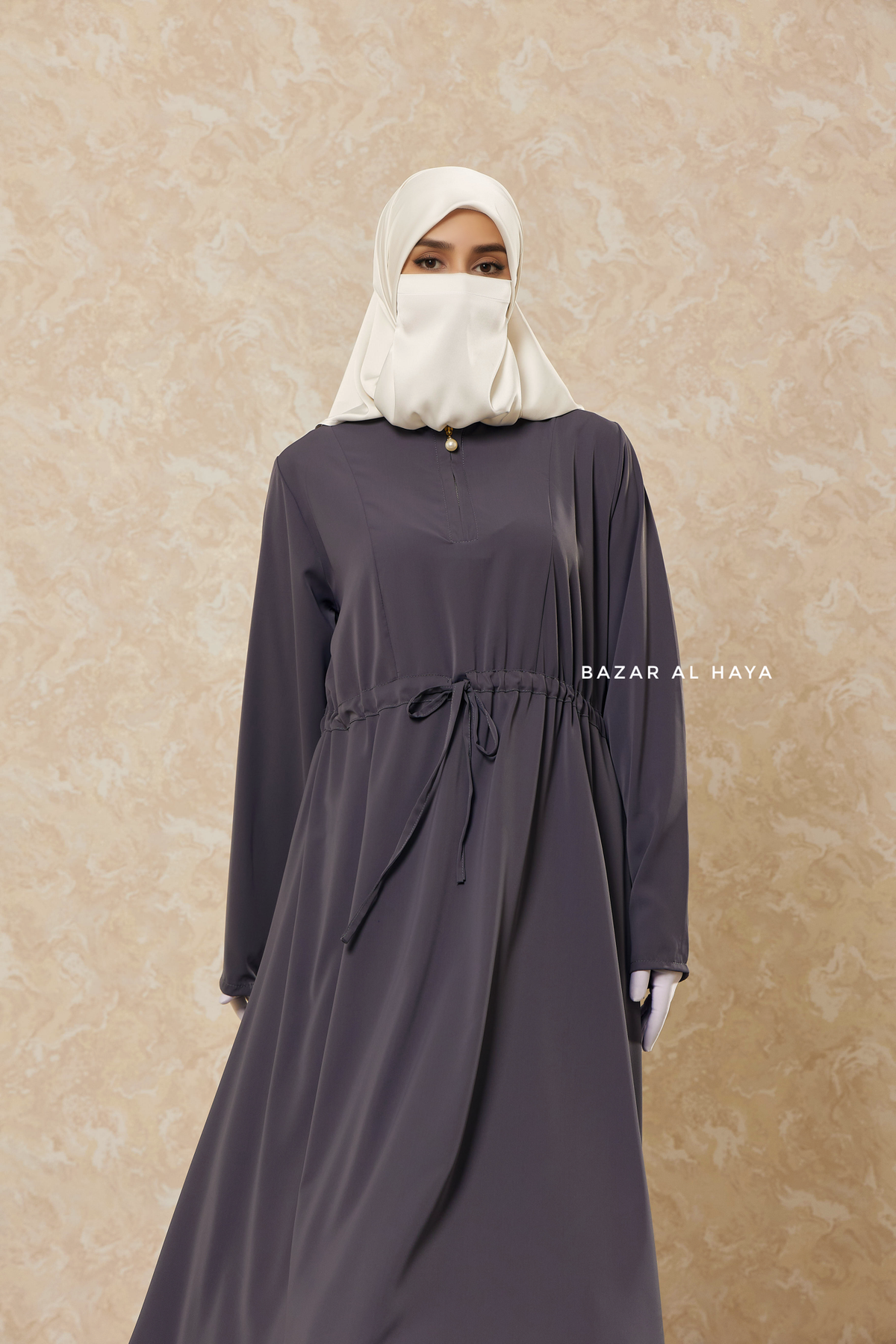 Steel Grey Salam 3 Belted Abaya Dress - Front Zipper & Zipper