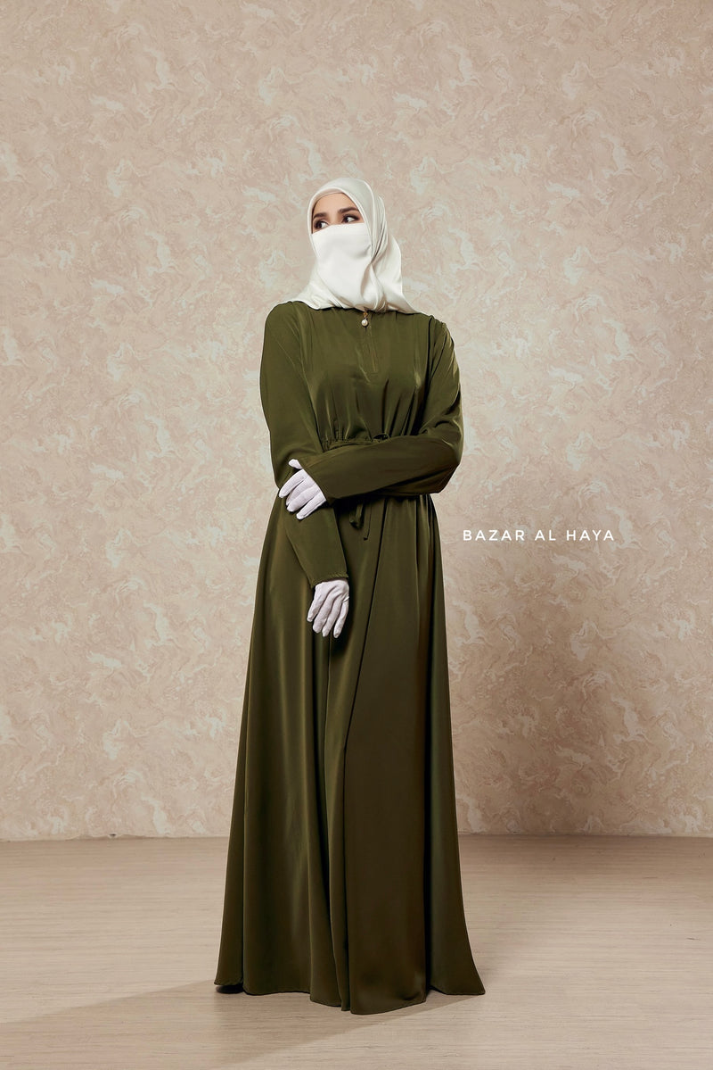 Salam 3 Olive Belted Abaya Dress - Front Zipper & Zipper Sleeves - Nida L Salam 3 Olive Belted Abaya Dress - Front Zipper & Zipper Sleeves - Nida L