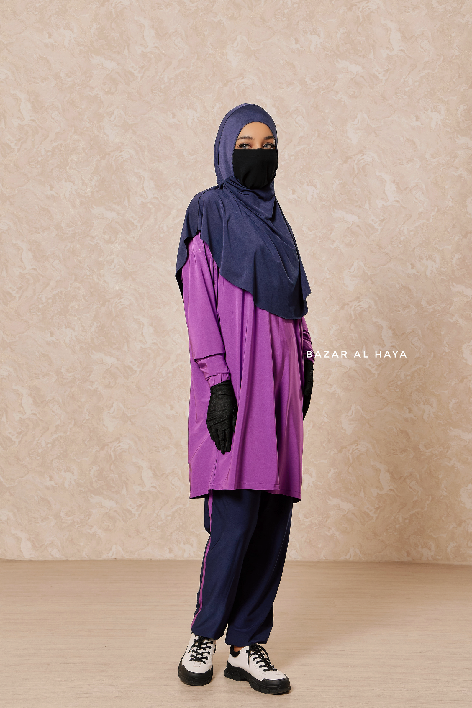 Navy Purple Modest Swimwear 4 Piece Swimdress, Khimar, Apron