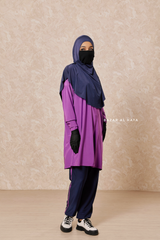 Navy Purple Modest Swimwear 4 Piece Swimdress, Khimar, Apron & Pants - Comfort Swimsuit