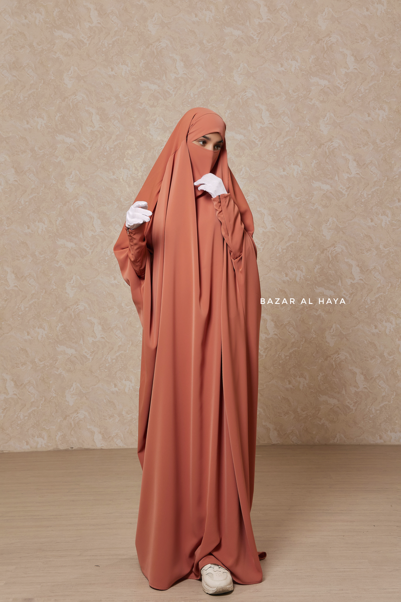 Peach Sarah One Piece Jilbab - Zipper Sleeves - Silk Crepe