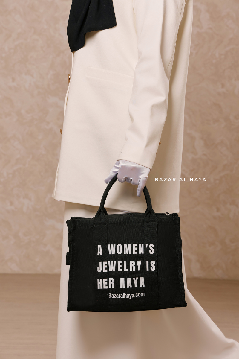 “A Women’s Jewelry Is Her Haya” Black Cotton Tote Bag