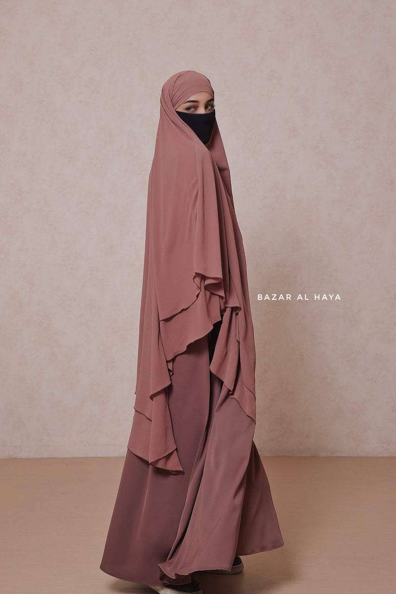 Taupe Rose Pari Layered Khimar & Salam 2 Abaya Set