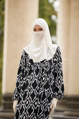 Sadia White/Black Print Dress - 100% Cotton Summer Tiered Abaya - Front Zipper