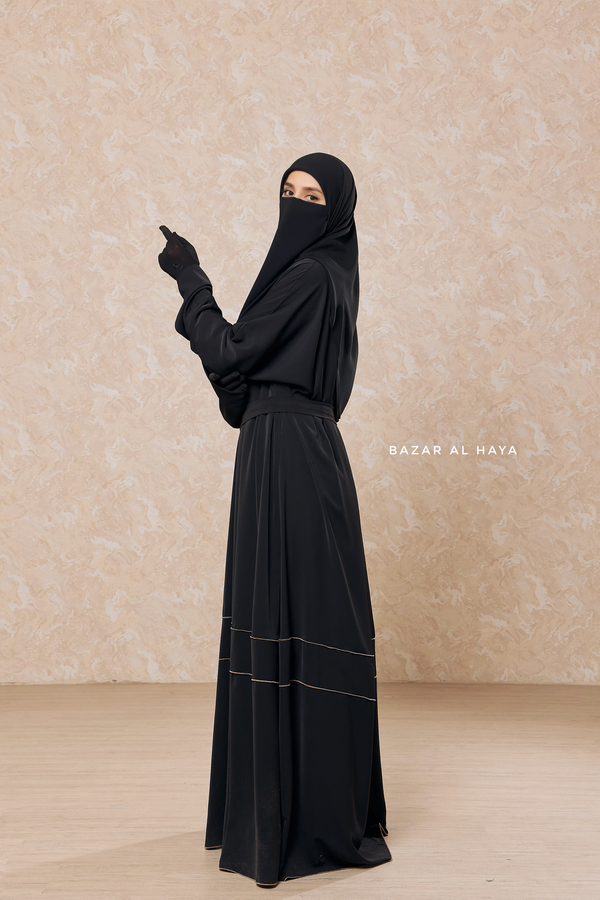 Black Fathiya Open Front Abaya In Nida - Relaxed Fit