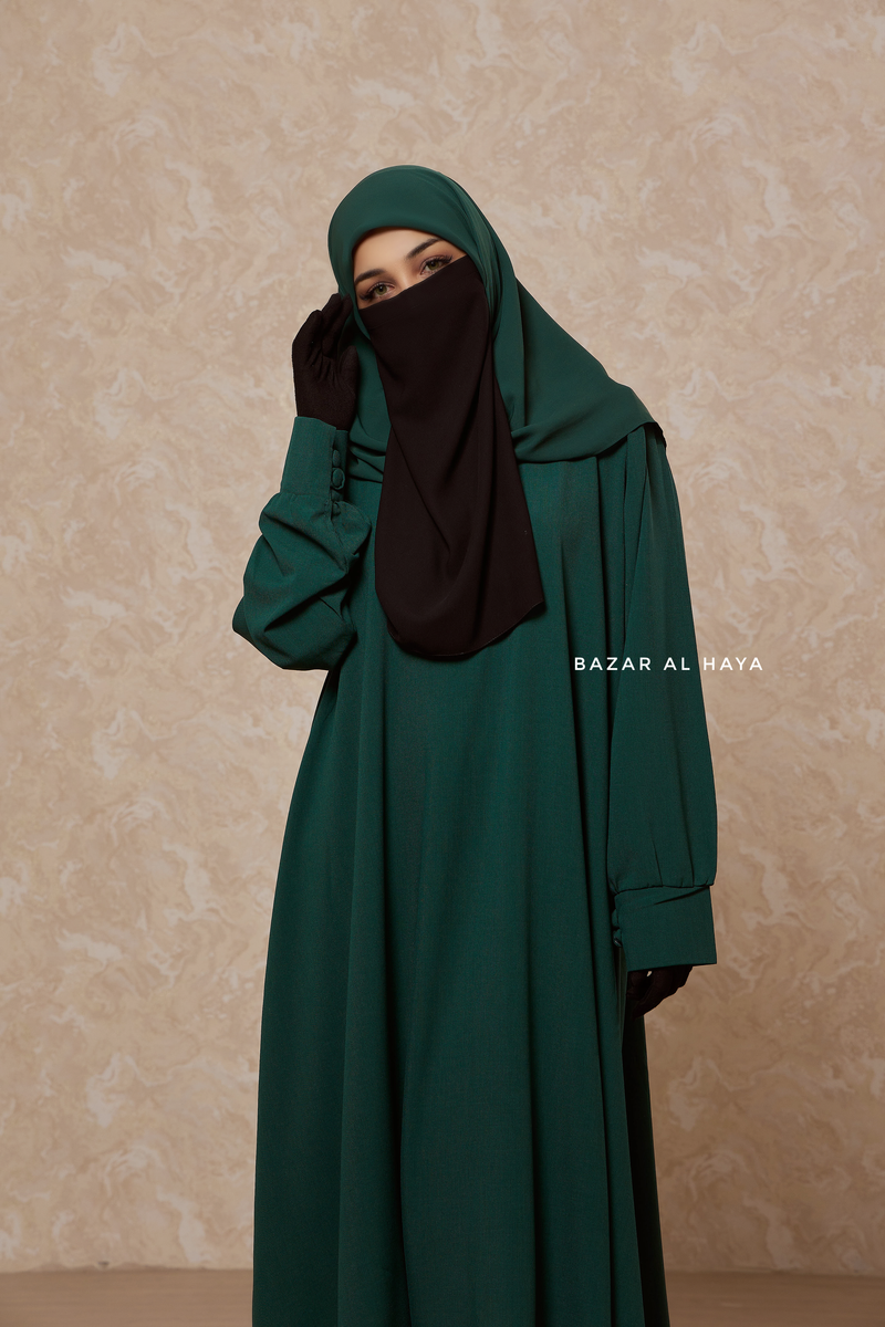 Rania Emerald Green Abaya Dress Half-Placket Button Front & Sleeve - Mediumweight Soft Crepe Cotton