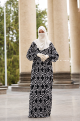 Sadia White/Black Print Dress - 100% Cotton Summer Tiered Abaya - Front Zipper