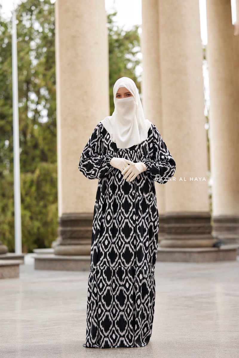 Sadia White/Black Print Dress - 100% Cotton Summer Tiered Abaya - Front Zipper