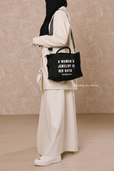 “A Women’s Jewelry Is Her Haya” Black Cotton Tote Bag