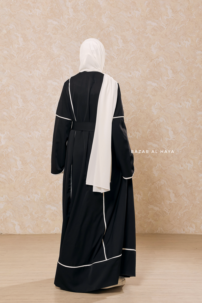 Black Fazeela Open Front Abaya In Classic Design - Premium Silk Crepe