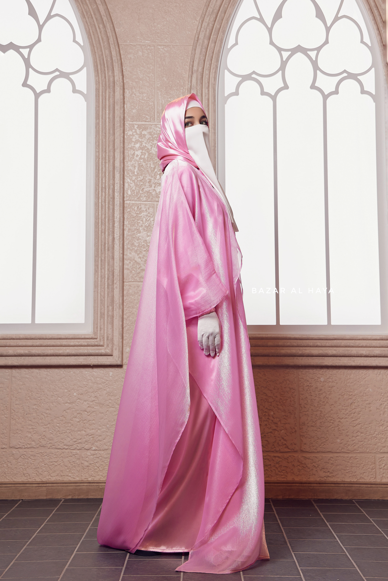 Humaira 3 Piece Abaya Set In Pink Organza Luxurious Kaftan With Inner Dress Scarf