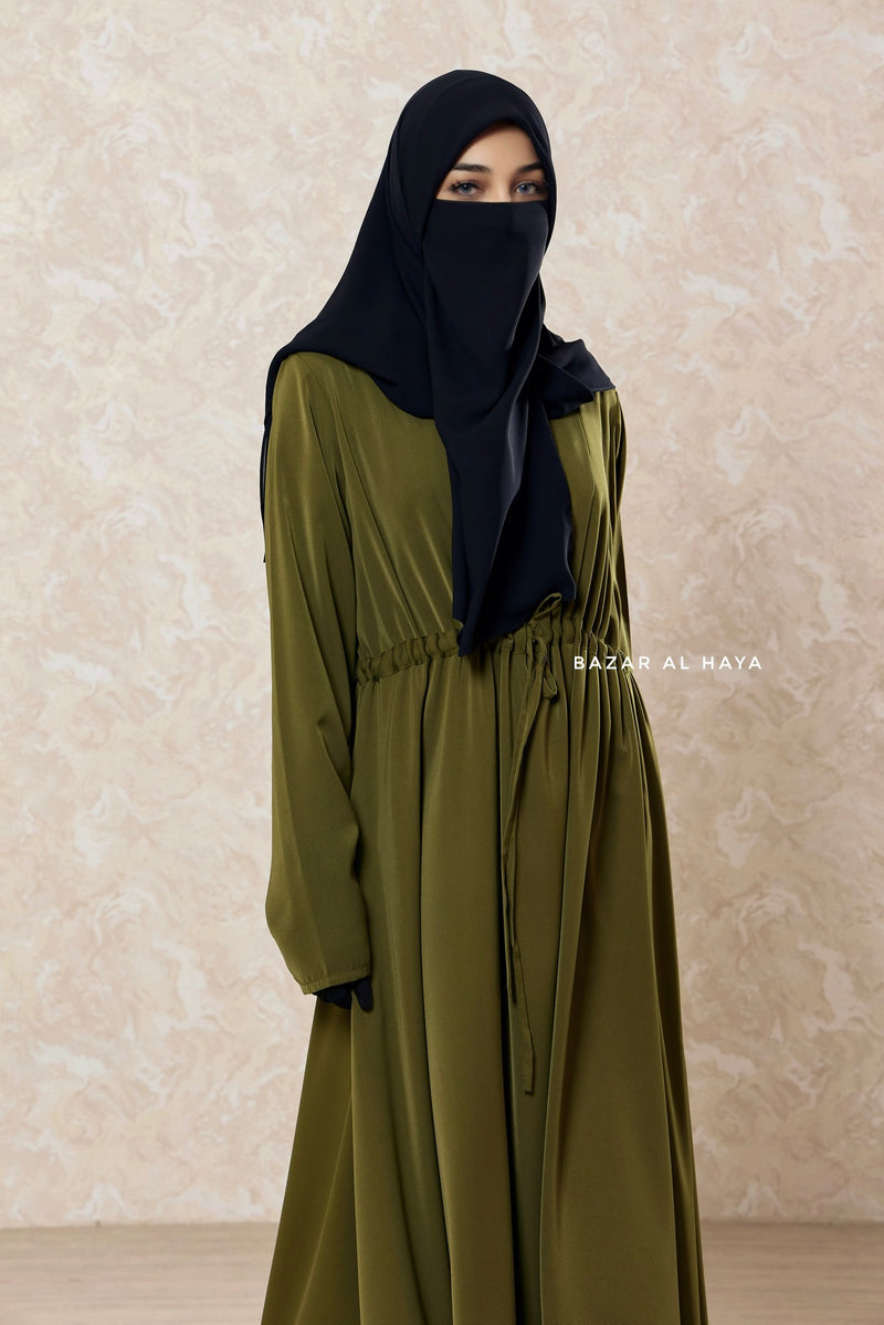 Olive Salam 3 Adjustable Belted Abaya Dress - Front Zipper & Zipper Sleeves - Nida