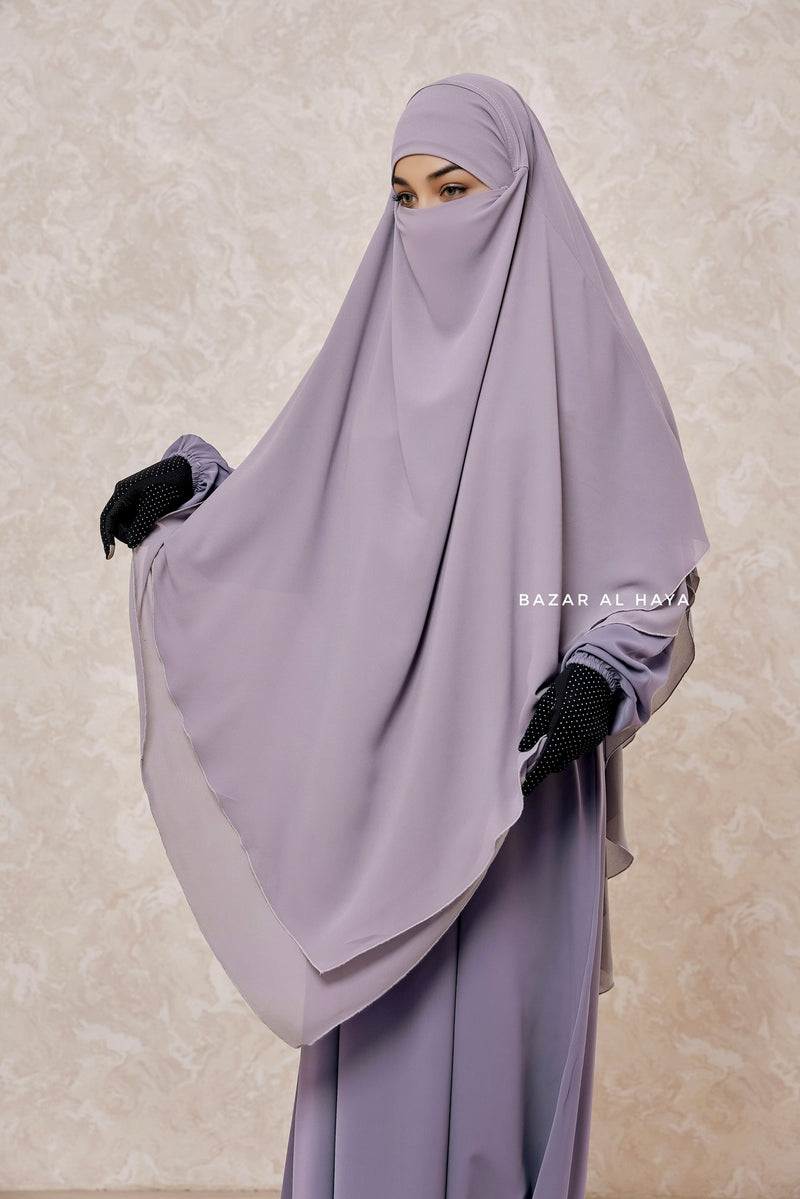 Grey Pari Two Layered Maxi Diamond Khimar - Crepe Chiffon