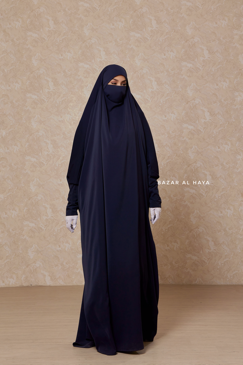 Dark Blue Sarah One Piece Jilbab - Zipper Sleeves - Silk Crepe