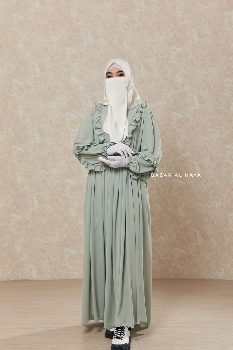 Mint Afsah Ruffle Lightweight Abaya Dress - Breathable Crepe Cotton