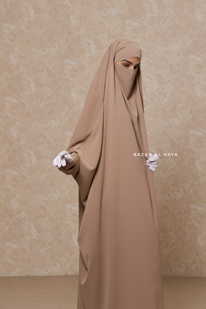 Mocha Sarah One Piece Jilbab - Zipper Sleeves - Silk Crepe