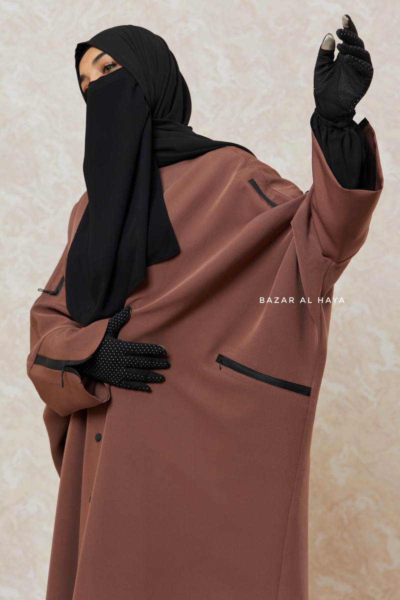 Brown Falak Classic Loose Fit Abaya Coat With Scarf - Pockets & Zippers