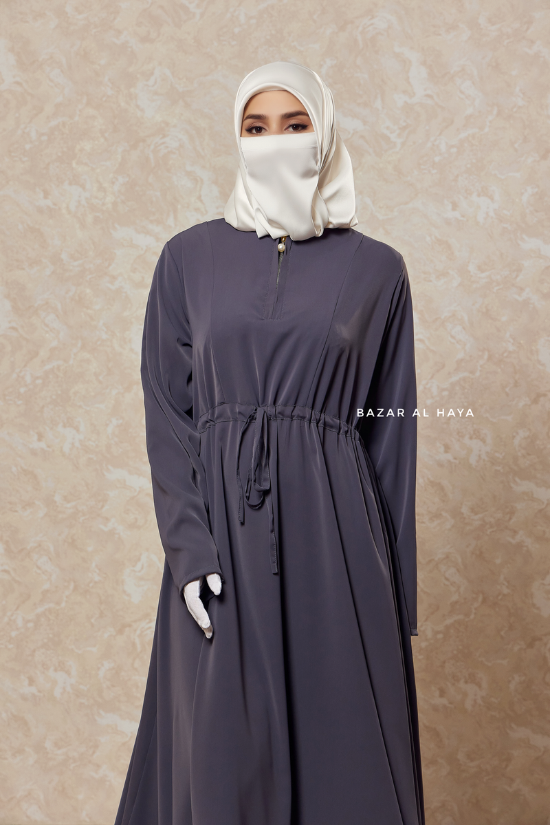 Steel Grey Salam 3 Belted Abaya Dress - Front Zipper & Zipper Sleeves - Nida